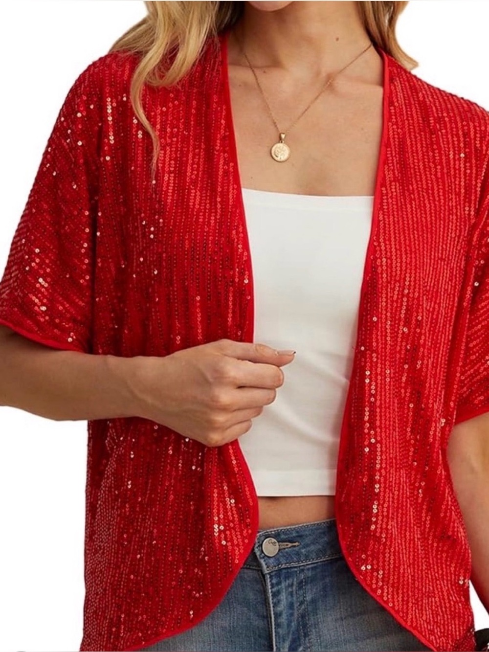 NWT ❤️ QIXING Red Sequin Open Front Cardigan – Size XL